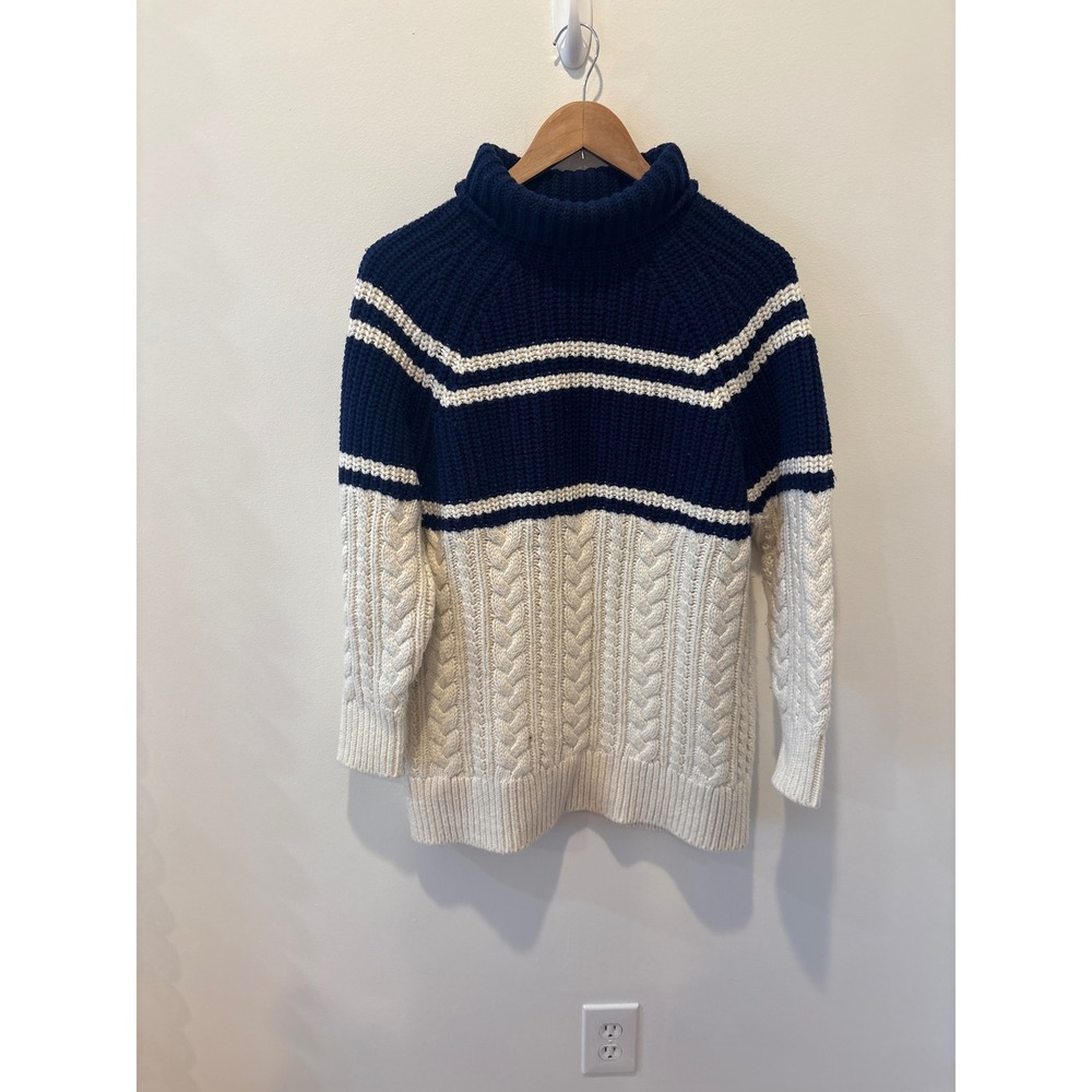 Reiss Navyโ Cream Chunky Knit Cable Turtleneck Sweater XS Wool Blend